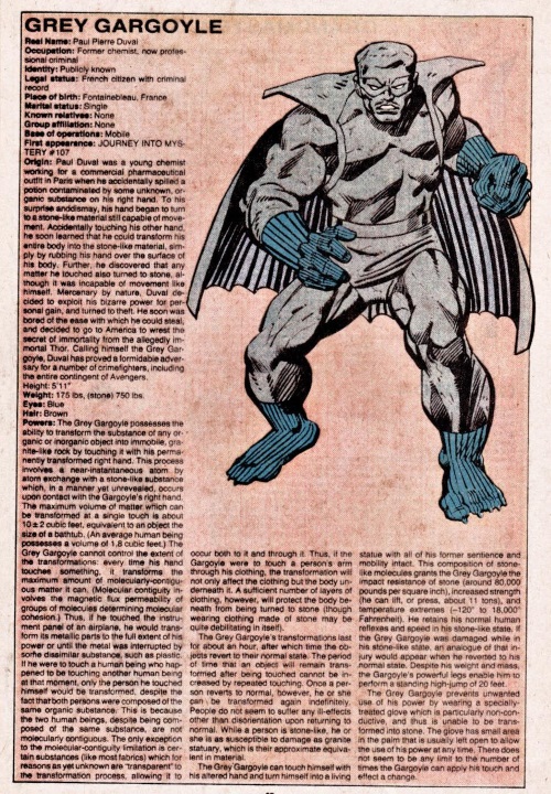 Transmutation (petrification)-Grey Gargoyle-Official Handbook of the Marvel Universe V1 #4