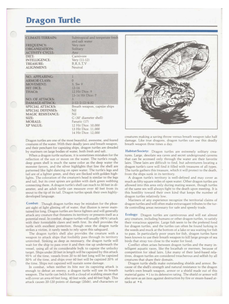 Turtle Mimicry-D&D-Dragon Turtle-TSR 2102 MC1 Monstrous Compendium